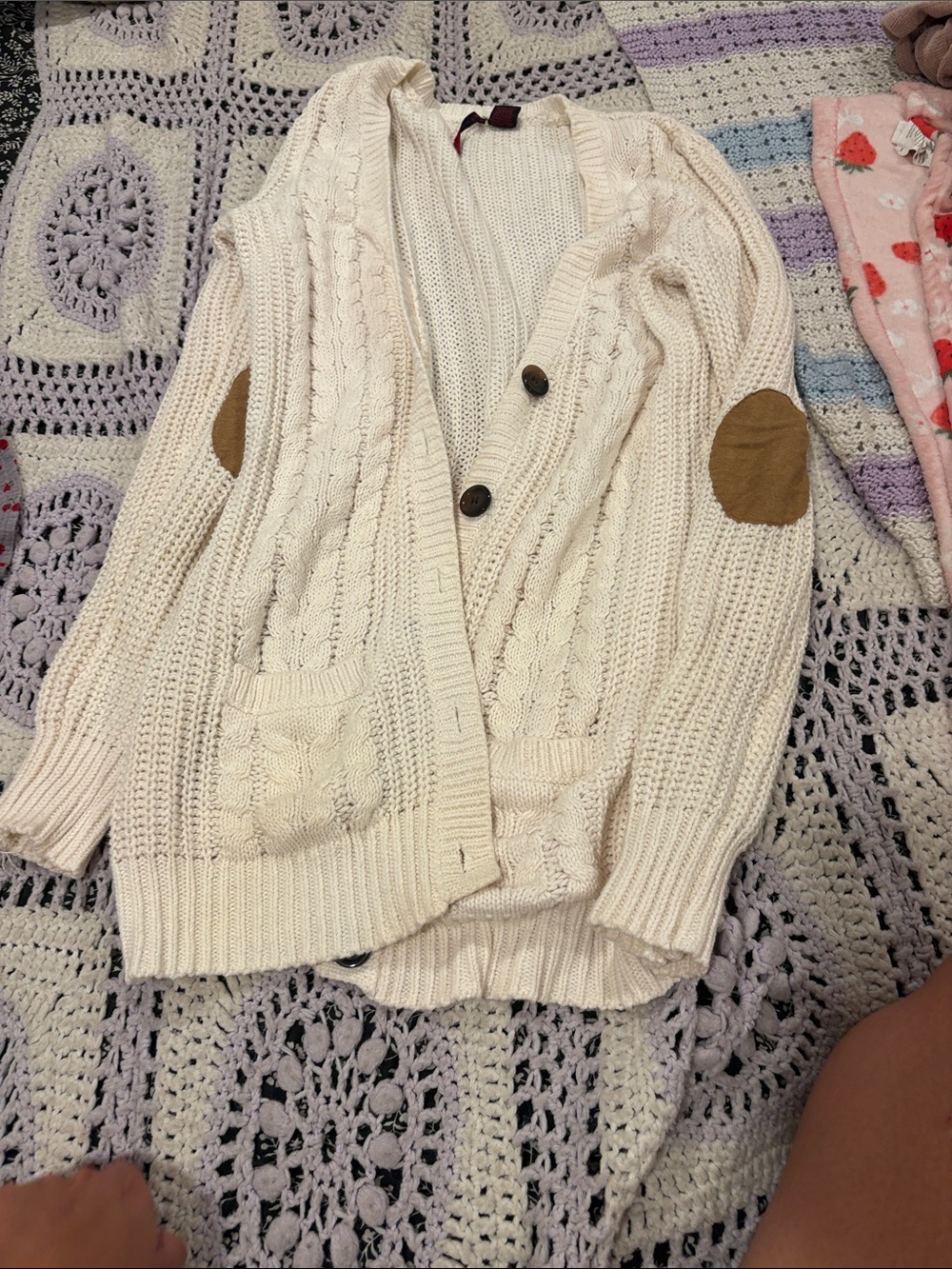 Cream Cable Knit Button-Front Sweater Cardigan with Elbow Patches